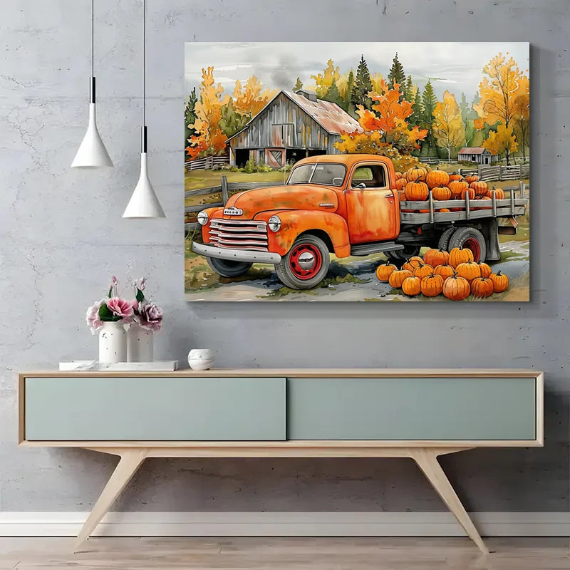 Looife Whimsical Autumn Truck Canvas: Pumpkin - Loaded & Barn Backdrop Unique Canvas Wall Art Perfect for Halloween Home Decor