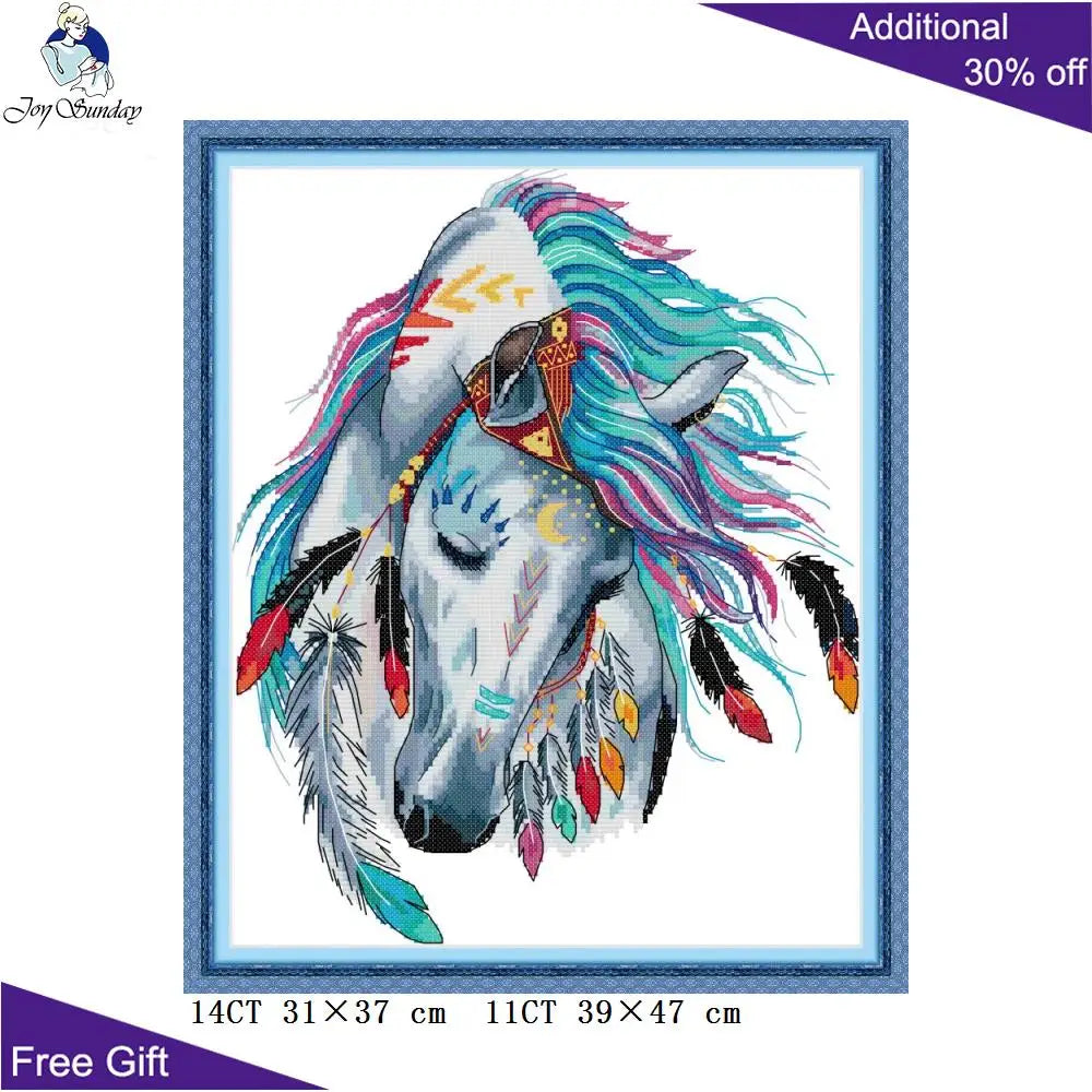 Joy Sunday Rainbow Horse DIY Cross Stitch Kits, Counted and Stamped Home Decor, Animal Needlework, Embroidery, DA440, 14CT, 11CT
