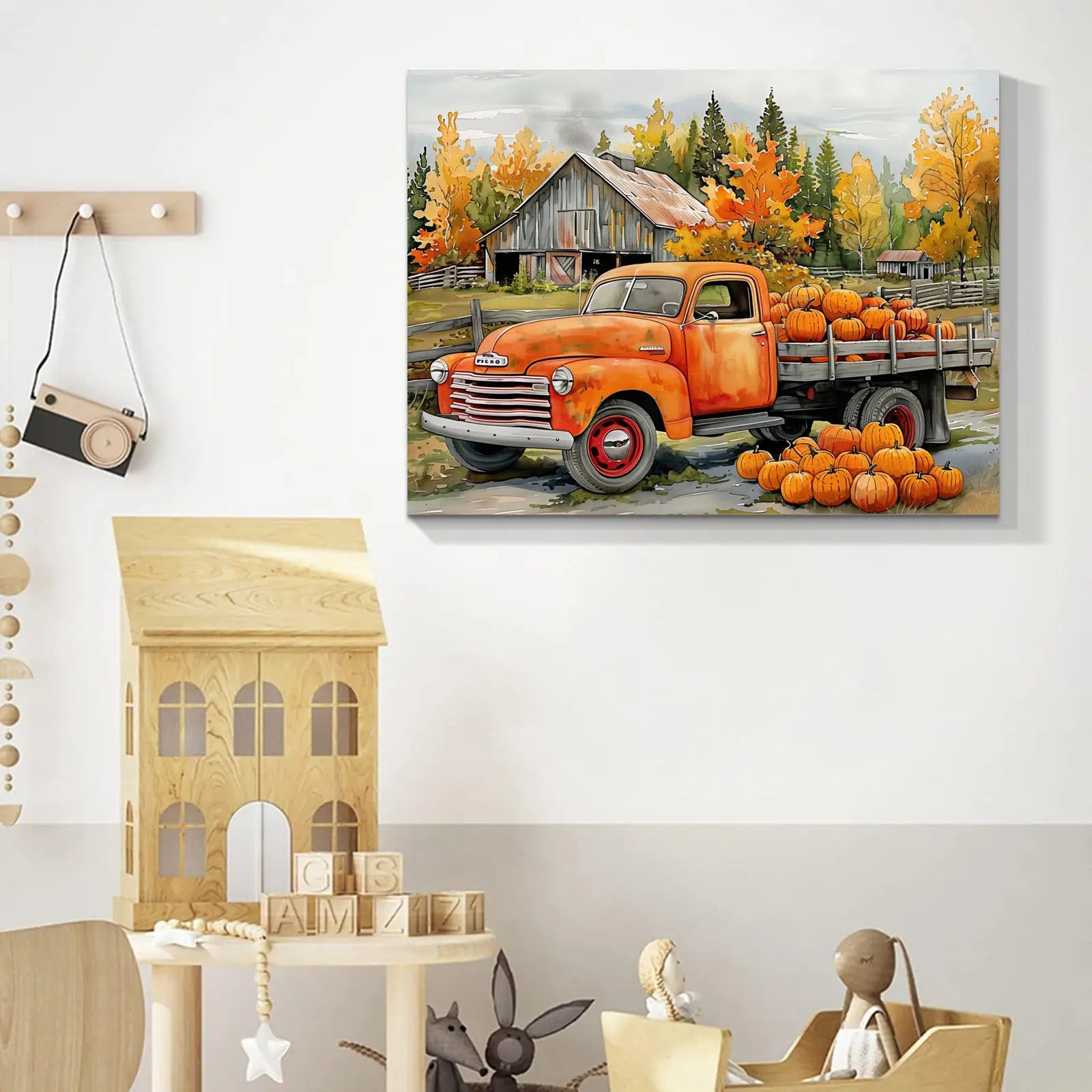 Looife Whimsical Autumn Truck Canvas: Pumpkin - Loaded & Barn Backdrop Unique Canvas Wall Art Perfect for Halloween Home Decor