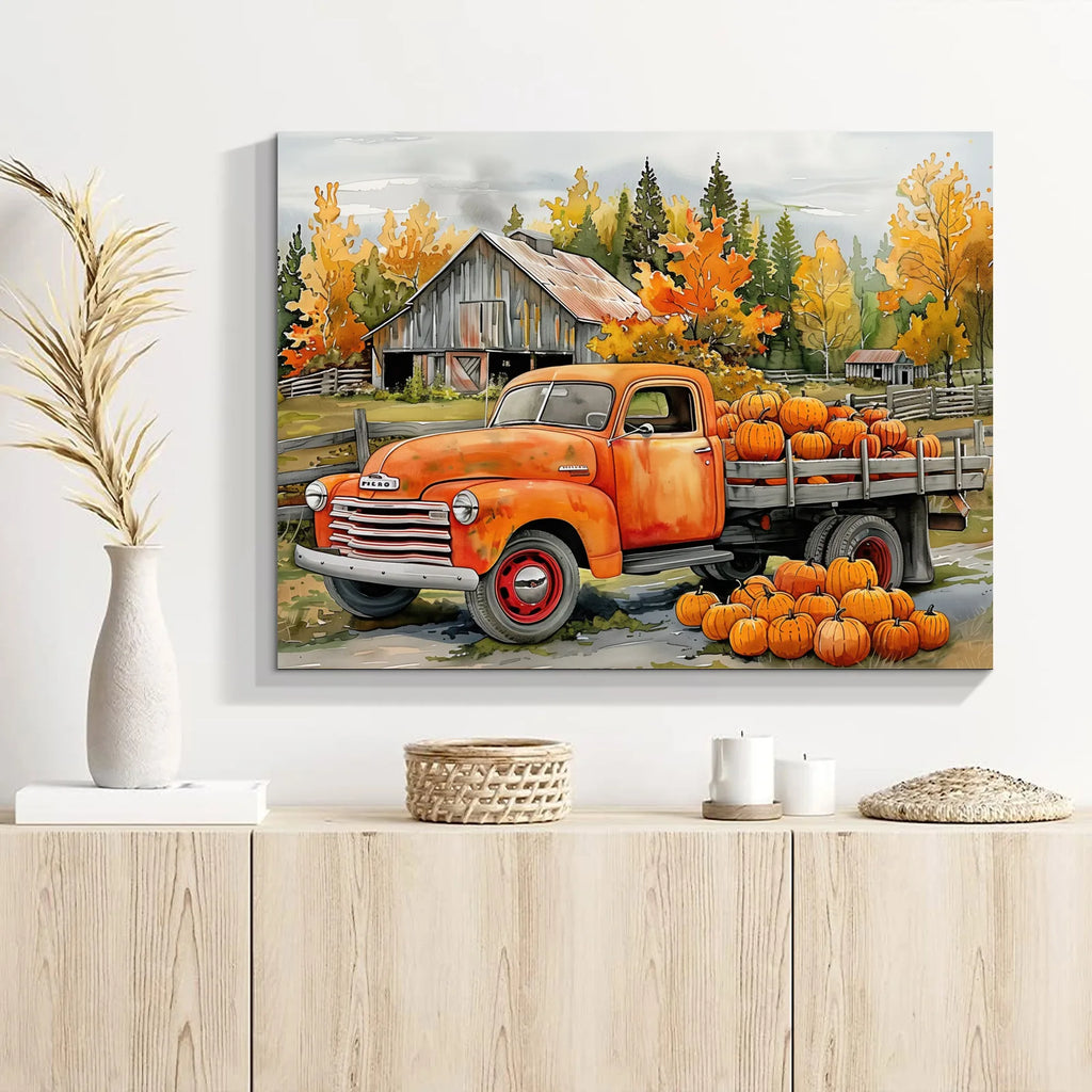 Looife Whimsical Autumn Truck Canvas: Pumpkin - Loaded & Barn Backdrop Unique Canvas Wall Art Perfect for Halloween Home Decor