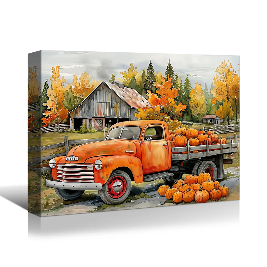 Looife Whimsical Autumn Truck Canvas: Pumpkin - Loaded & Barn Backdrop Unique Canvas Wall Art Perfect for Halloween Home Decor