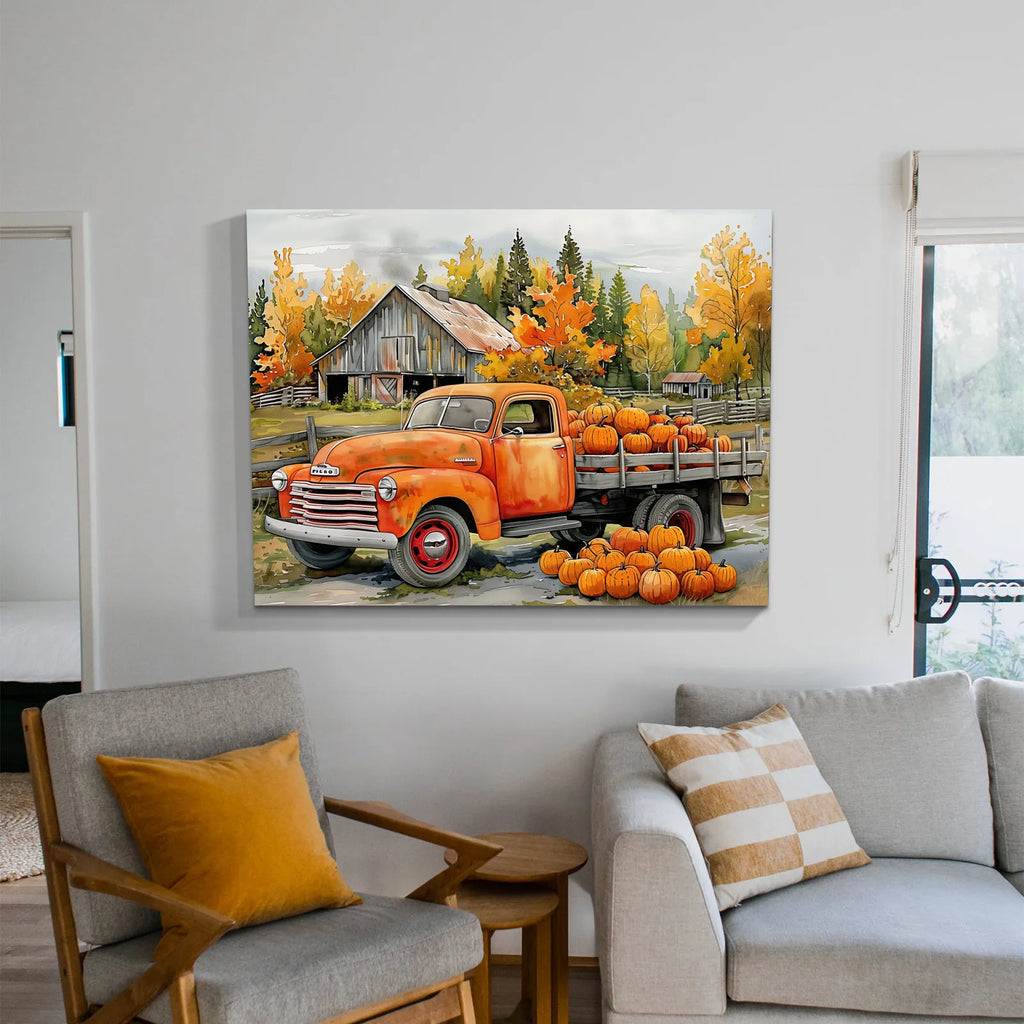 Looife Whimsical Autumn Truck Canvas: Pumpkin - Loaded & Barn Backdrop Unique Canvas Wall Art Perfect for Halloween Home Decor