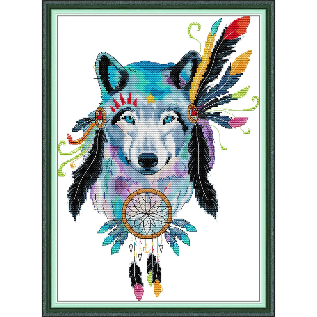 Soulgift News Pre-Printed Cross Stitch Kit, Stamped Aida Fabric with DMC Threads, Embroidery Kit - Indy Wolf