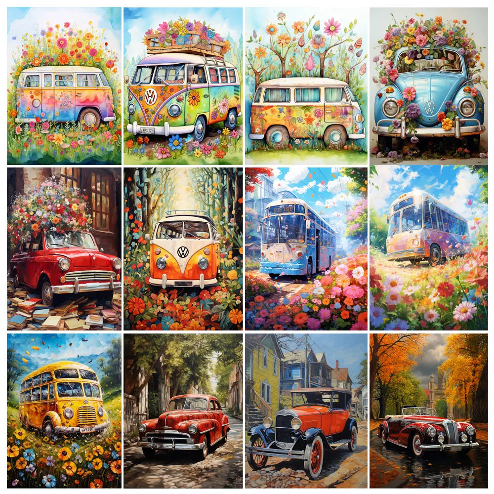 Painting By Numbers Bus Flowers Meadow Landscape Adult Oil Kit Seascape