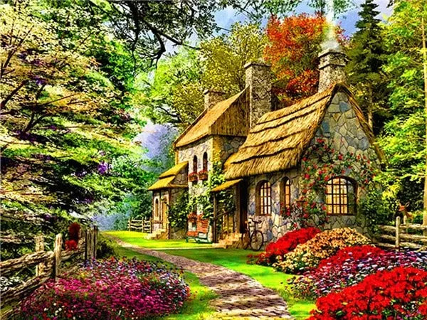 5D DIY Diamond Painting Landscape House Full Round Drill Embroidery Forest Scenery