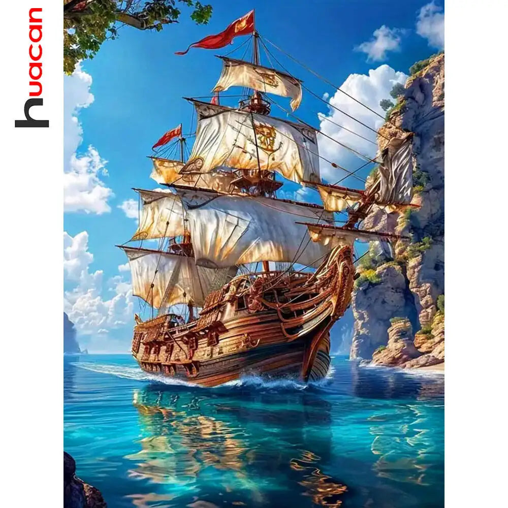 Huacan Full Square Round Diamond Painting Sailboat Sea Diamond Mosaic Landscape Art Wall Decor
