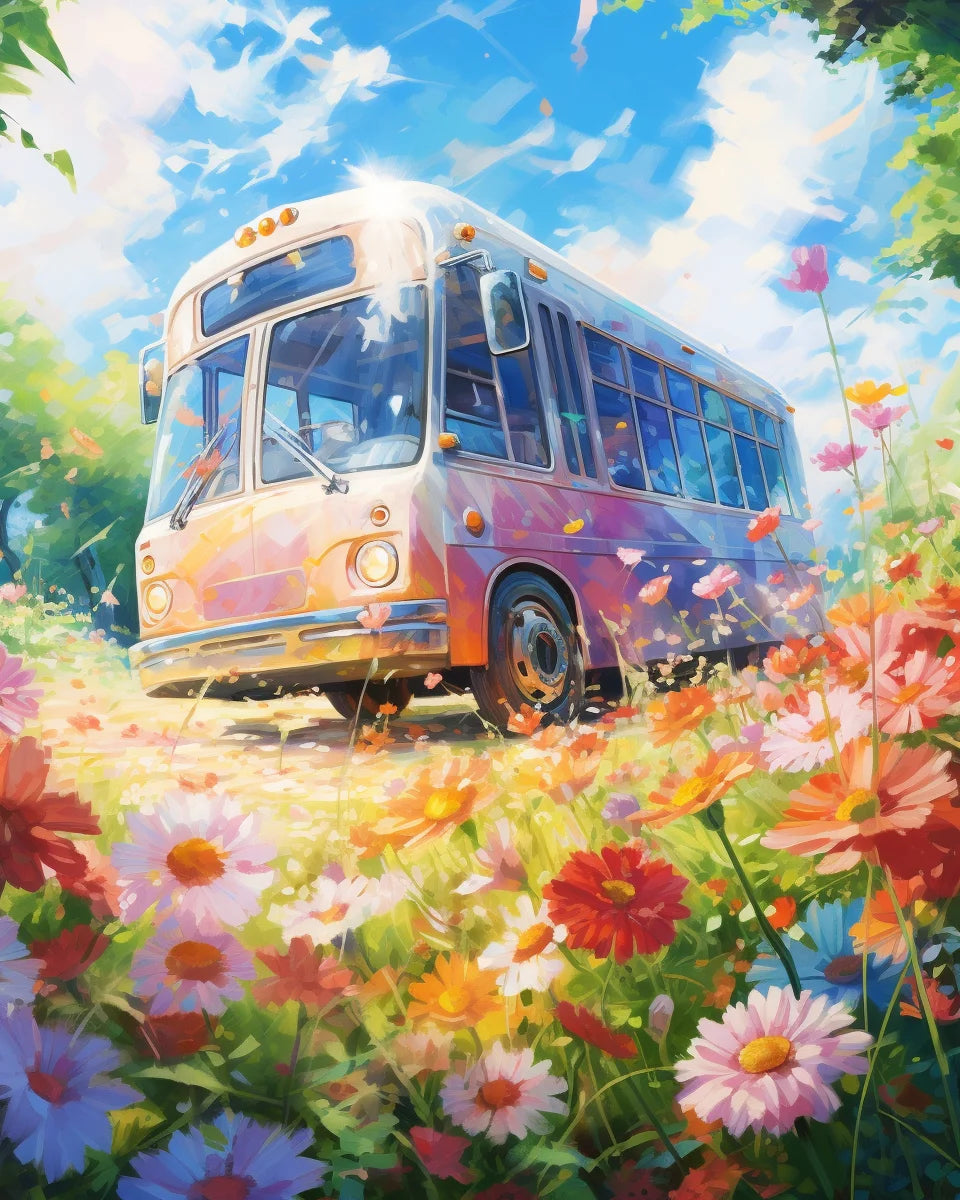 Painting By Numbers Bus Flowers Meadow Landscape Adult Oil Kit Seascape