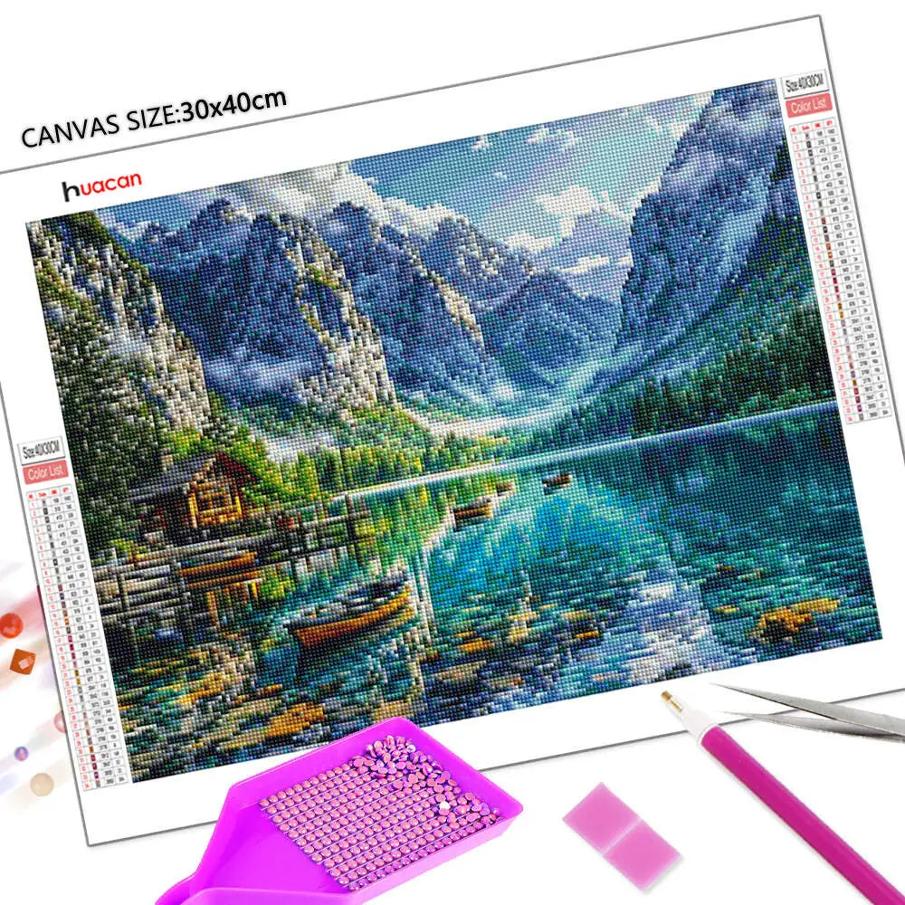 Huacan Landscape Diamond Painting Mountain Lake 5D Mosaic Art