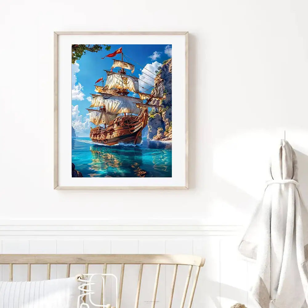 Huacan Full Square Round Diamond Painting Sailboat Sea Diamond Mosaic Landscape Art Wall Decor