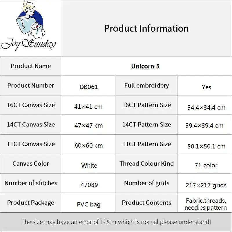 Joy Sunday Animal Pattern Cross Stitch Set Aida 11CT 14CT 16CT Unicorn Printing Sewing Kit DIY Children Hand Embroidery Gifts