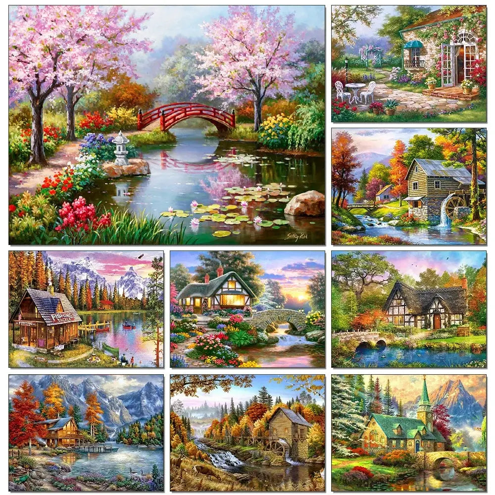 5D DIY Diamond Painting Landscape House Full Round Drill Embroidery Forest Scenery