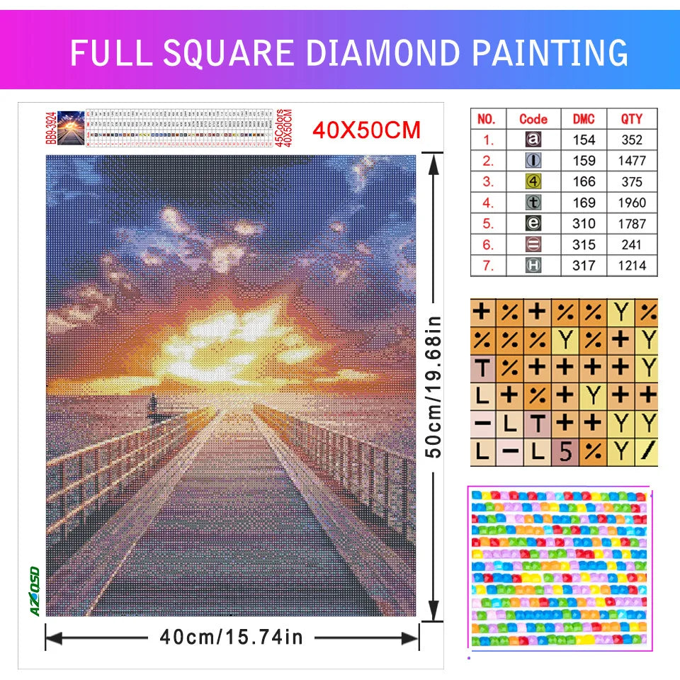 AZQSD 5D Diamond Art Painting Kits Seaside Sunset Bridge Picture Of Rhinestones Diamond Embroidery Scenic Mosaic Love Home Decor