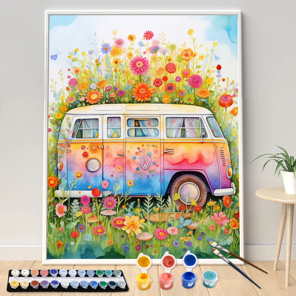 Painting By Numbers Bus Flowers Meadow Landscape Adult Oil Kit Seascape