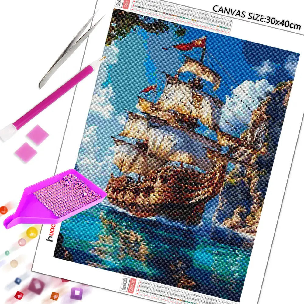 Huacan Full Square Round Diamond Painting Sailboat Sea Diamond Mosaic Landscape Art Wall Decor