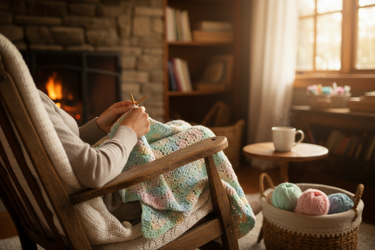 crocheting baby blanket in rocking chair